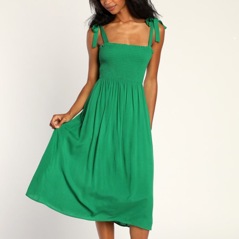 Lulus Looking Up Green Smocked Tie-strap Midi Dress - Size M